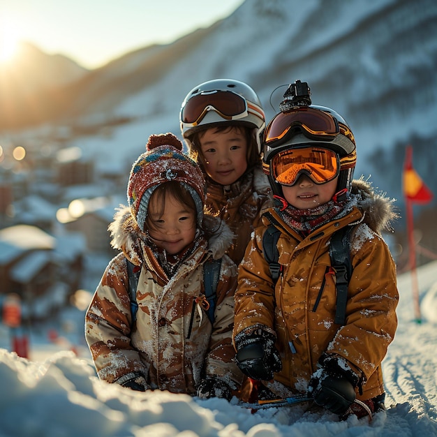 Foto un padre enseñando a sus hijos a esquiar en las montañas nevadas