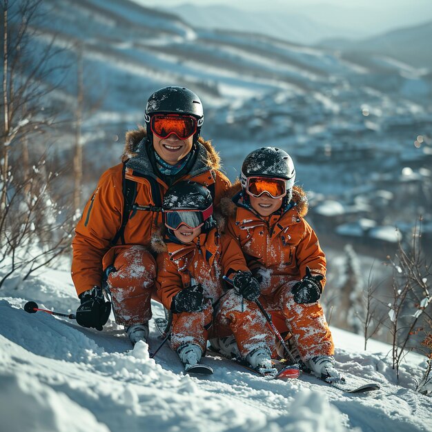 Foto un padre enseñando a sus hijos a esquiar en las montañas nevadas