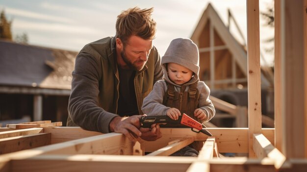 El padre está enseñando a su hijo a construir algo de madera.