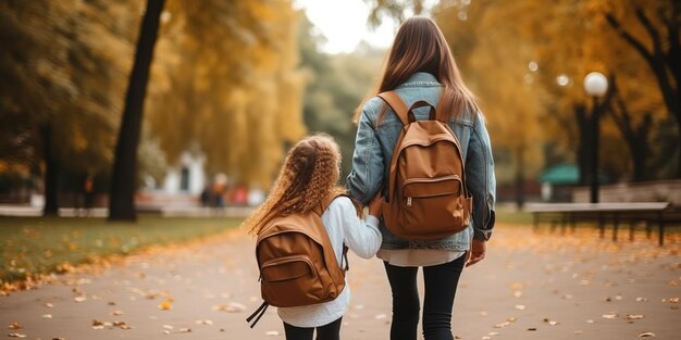 Padre y estudiante de primaria van de la mano