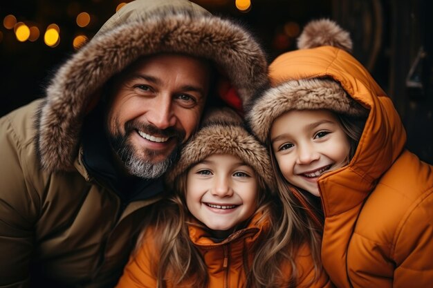 Padre de familia feliz y dos hijas con ropa de invierno