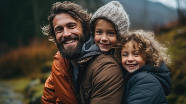 Padre de familia feliz e hija en las montañas