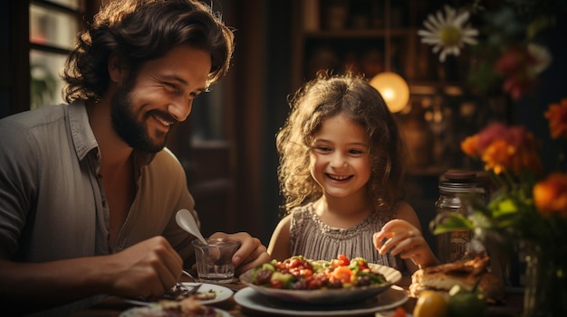 Un padre feliz y su hija pequeña se divierten mientras cocinan juntos en un hogar generativo.