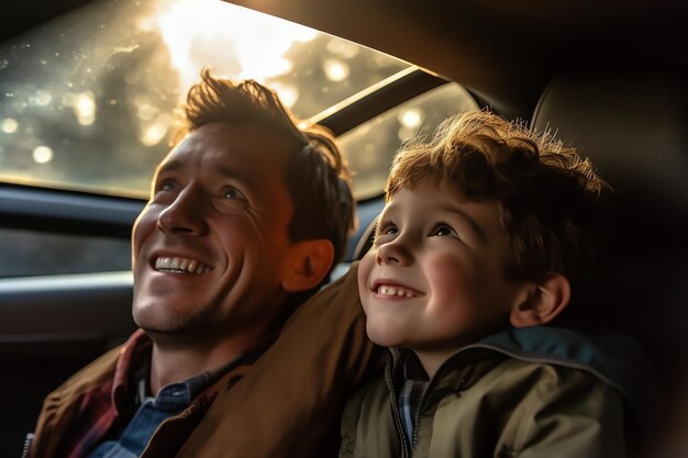 Un padre feliz y su hijo en coche.