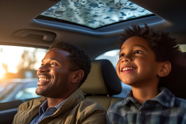 Un padre feliz y su hijo en coche.