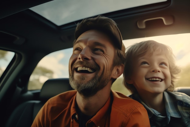 Un padre feliz y su hijo en coche.