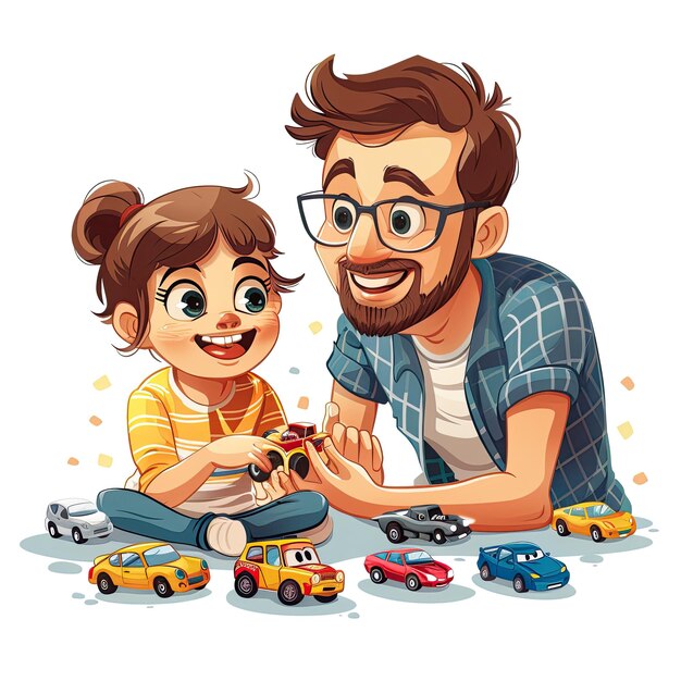 Padre y hija alegres jugando con coches de juguete