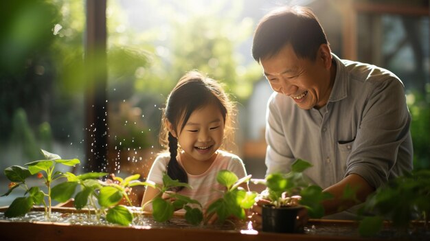 Padre y hija asiáticos regando felices las plantas