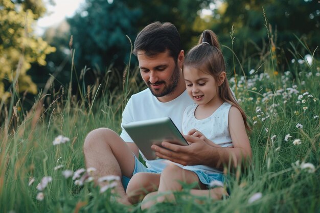 Foto un padre y una hija están sentados en la hierba y mirando una tableta