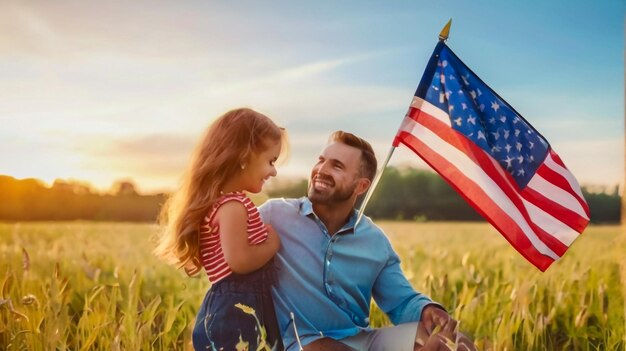 un padre y una hija están sosteniendo una bandera en un campo