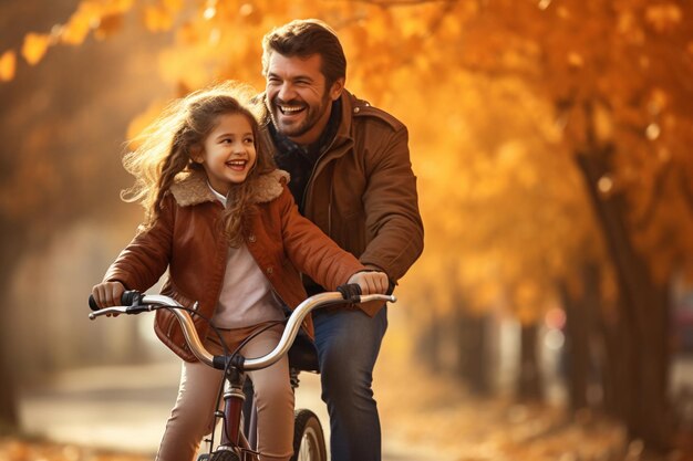 Padre y hija felices en bicicleta en el parque