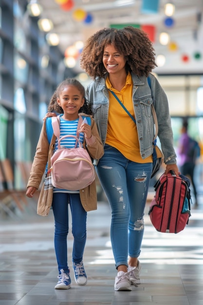 Padre y hija felices comprando artículos escolares preparándose juntos para el nuevo año escolar
