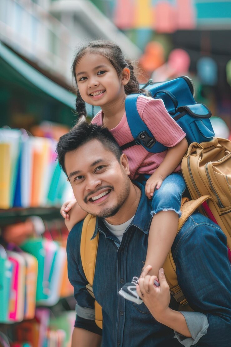 Padre y hija felices comprando artículos escolares preparándose juntos para el nuevo año escolar