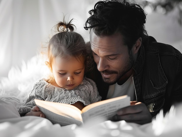 padre y hija felices leyendo un libro juntos en la cama en casa por la mañana