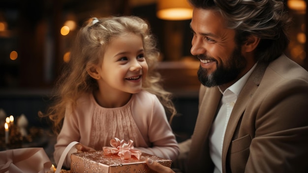 Padre y hija felices mirándose mientras sostienen una caja de regalos en casa