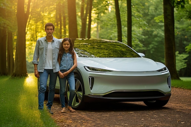 Un padre y una hija frente a un vehículo eléctrico