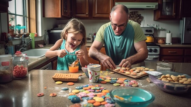 Un padre y una hija horneando galletas en la cocina.