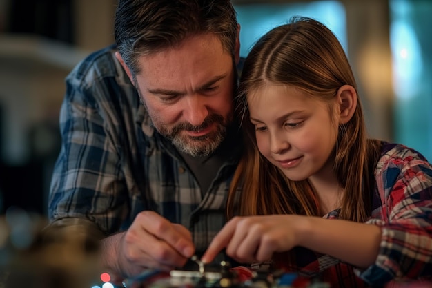 padre-hija o padre-hijo se unen por la tecnología, como trabajar en un proyecto de robótica