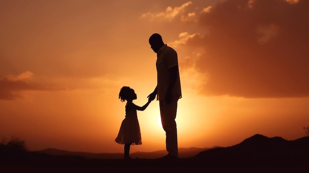 Un padre y una hija recortados contra una puesta de sol