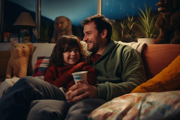 Un padre y una hija se sientan en un sofá y la palabra "en el fondo"