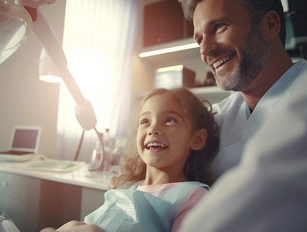 Un padre y una hija sonríen a la cámara mientras están sentados en el consultorio de un médico