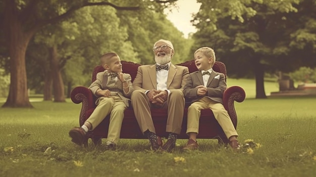 Padre hijo y abuelo relajándose juntos y divirtiéndose en el parque