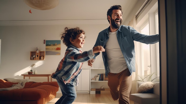 Foto padre y hijo alegres divirtiéndose mientras bailan juntos en casa