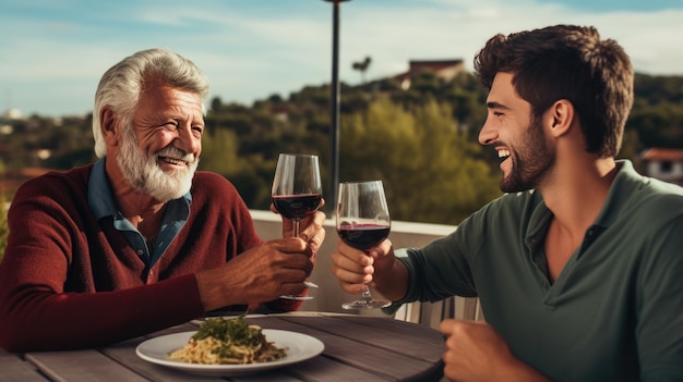 Foto un padre y un hijo ancianos están sentados en la terraza bebiendo vino