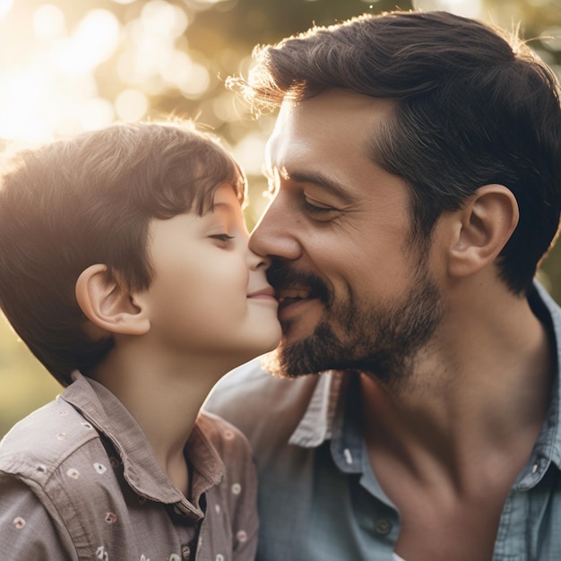 Un padre y un hijo besándose al sol.