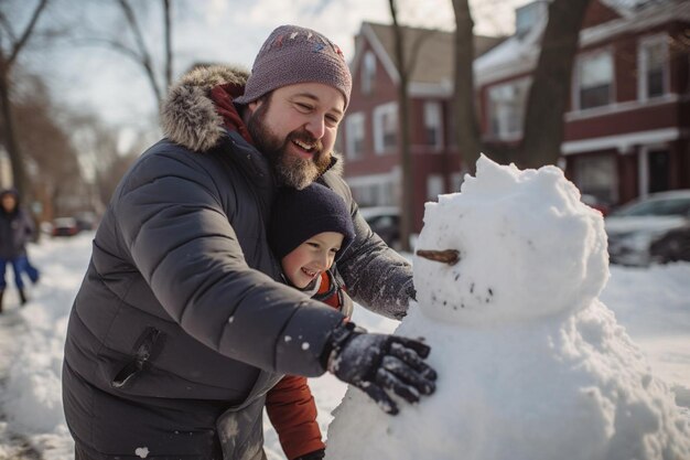 Un padre y un hijo construyen un muñeco de nieve en el bloque 1311.