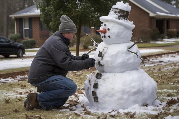 Un padre y un hijo construyendo un muñeco de nieve en el bloque 131jpg