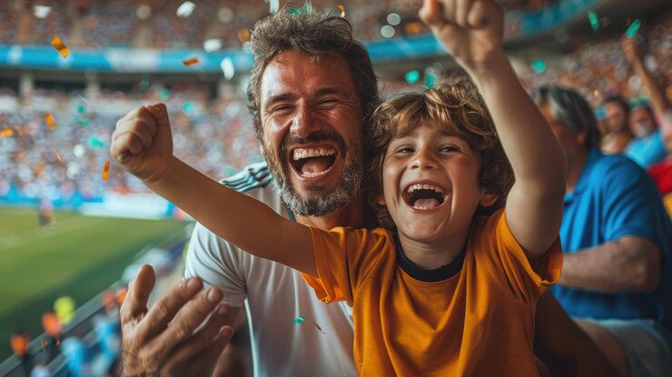 Padre y hijo emocionados celebrando el gol en las gradas del estadio de fútbol