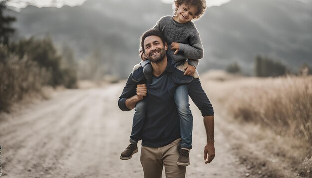 Foto un padre y un hijo están caminando por un camino de tierra