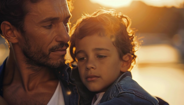 un padre y un hijo se están mirando el uno al otro y la palabra en el fondo