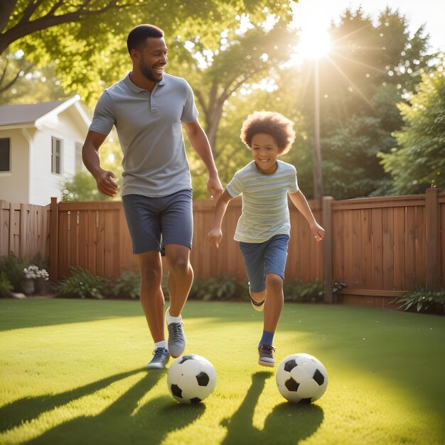 Foto un padre y un hijo jugando al fútbol con una pelota de fútbol