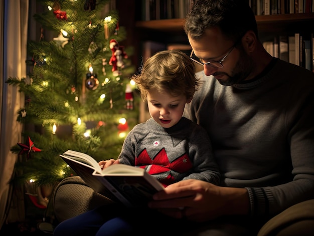 un padre y un hijo leyendo un libro junto a un árbol de Navidad.