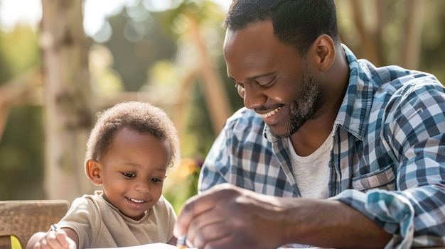 un padre y un hijo leyendo un libro juntos en el jardín