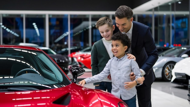 Padre con hijo mirando un coche en una sala de exposición de automóviles