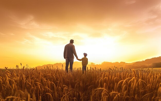 Padre y hijo pequeño en la naturaleza al atardecer concepto de familia feliz