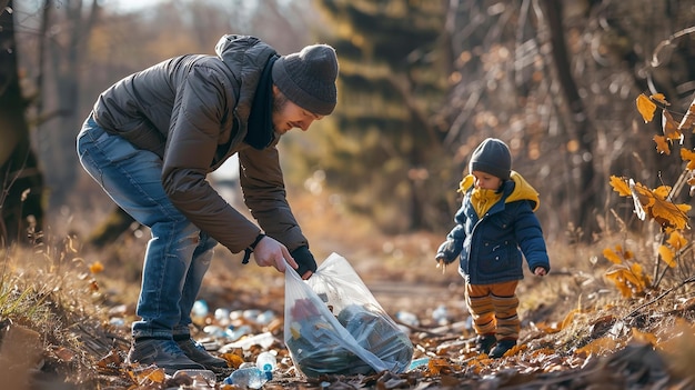 Foto padre con hijo pequeño recogiendo basura afuera en el gran aire libre plogging idea ia generativa