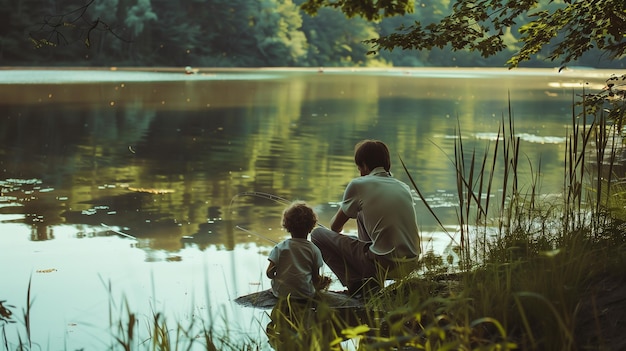 Foto un padre y un hijo pescando en un lago con un árbol en el fondo