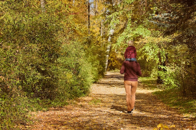 Foto padre con hijo sobre sus hombros caminando en el bosque de otoño. vista trasera