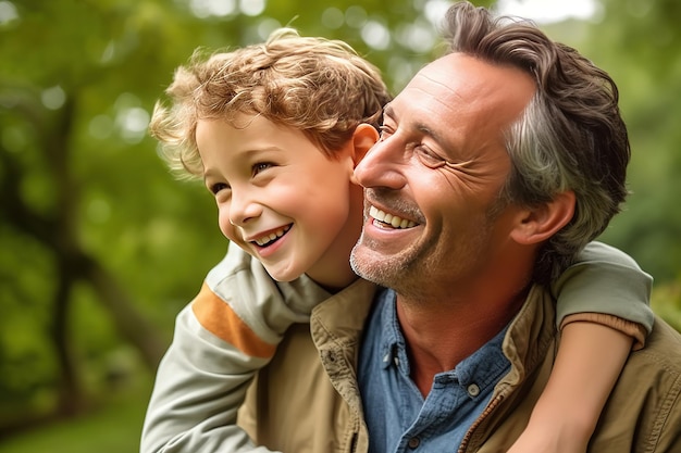 Un padre y un hijo sonriendo y abrazándose.