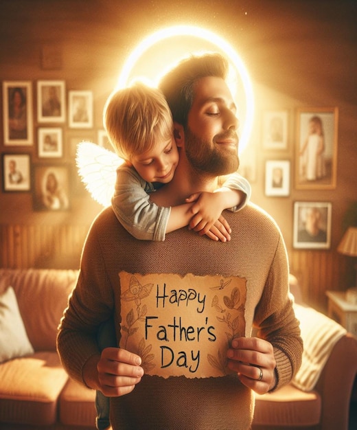un padre y un hijo sosteniendo una tarjeta que dice feliz día del padre