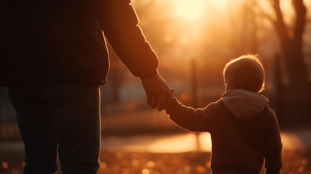 Un padre y un hijo tomados de la mano, ambos tomados de la mano, y el sol se está poniendo.