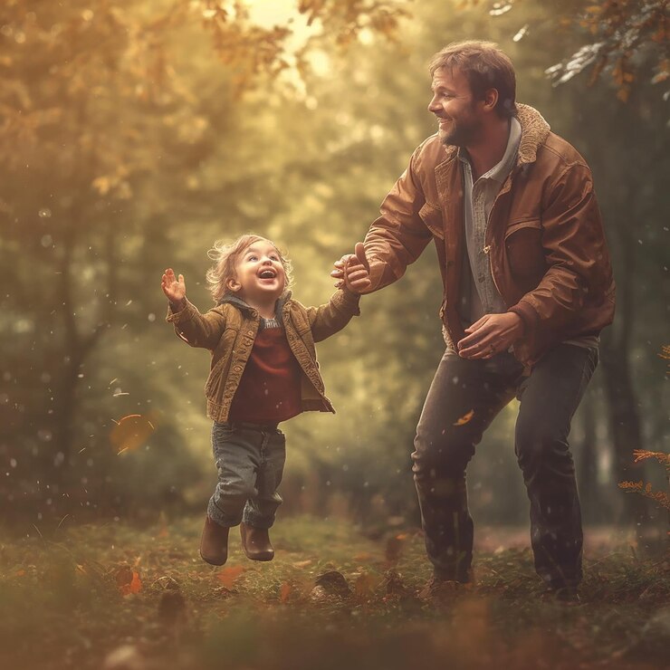 Un padre y un hijo tomados de la mano y jugando en el bosque.