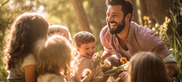 Padre con hijos en la naturaleza