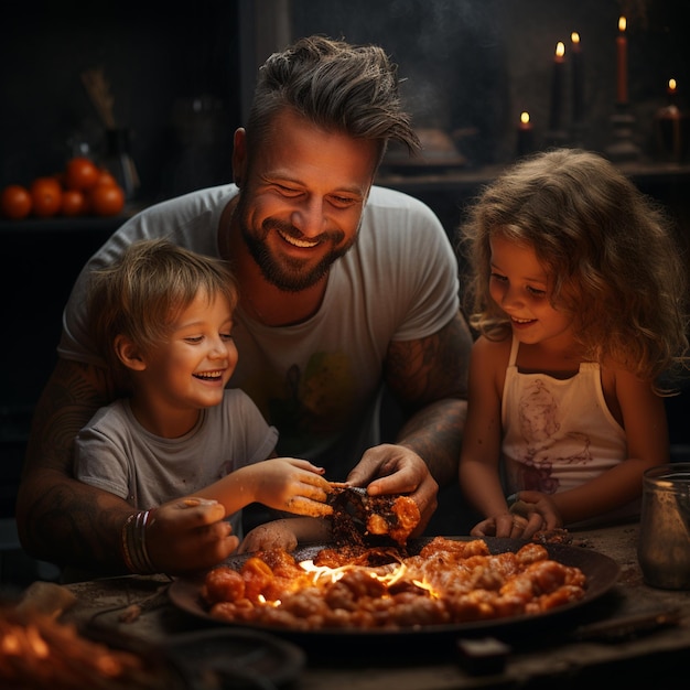 El padre y los hijos preparan la comida