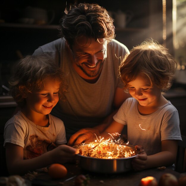 Foto el padre y los hijos preparan la comida