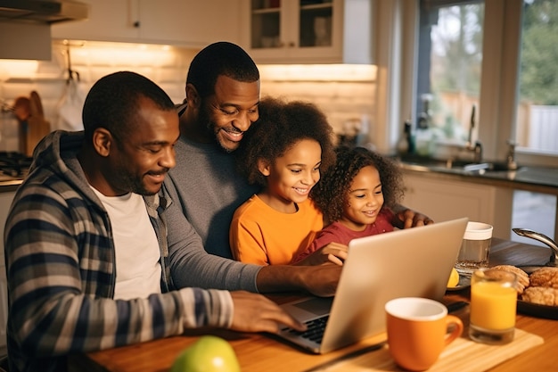 Padre joven negro desayunando por la mañana con niños de raza mixta usando una computadora portátil Padre de familia multiétnico y dos niños disfrutando viendo videos en una computadora sentados en la mesa de la cocina en casa